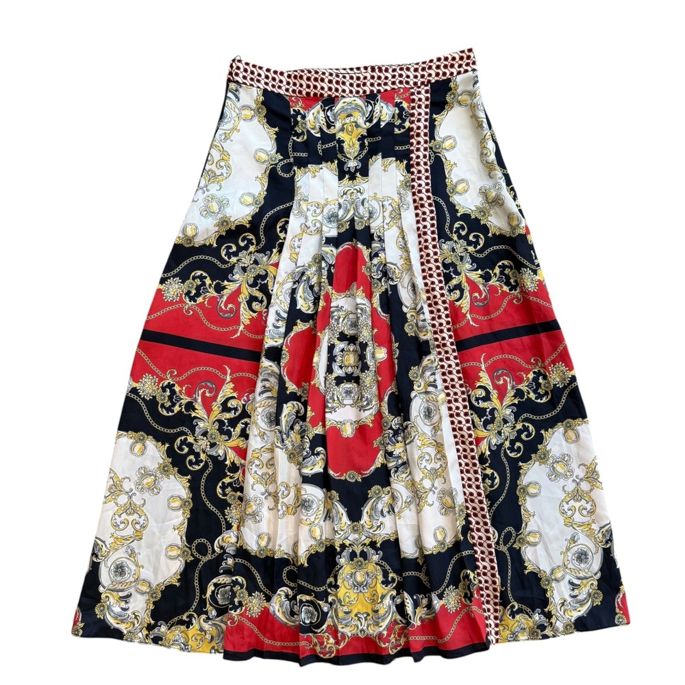 Zara Woman Scarf Print Pleated Midi Skirt Red Black Gold Size S